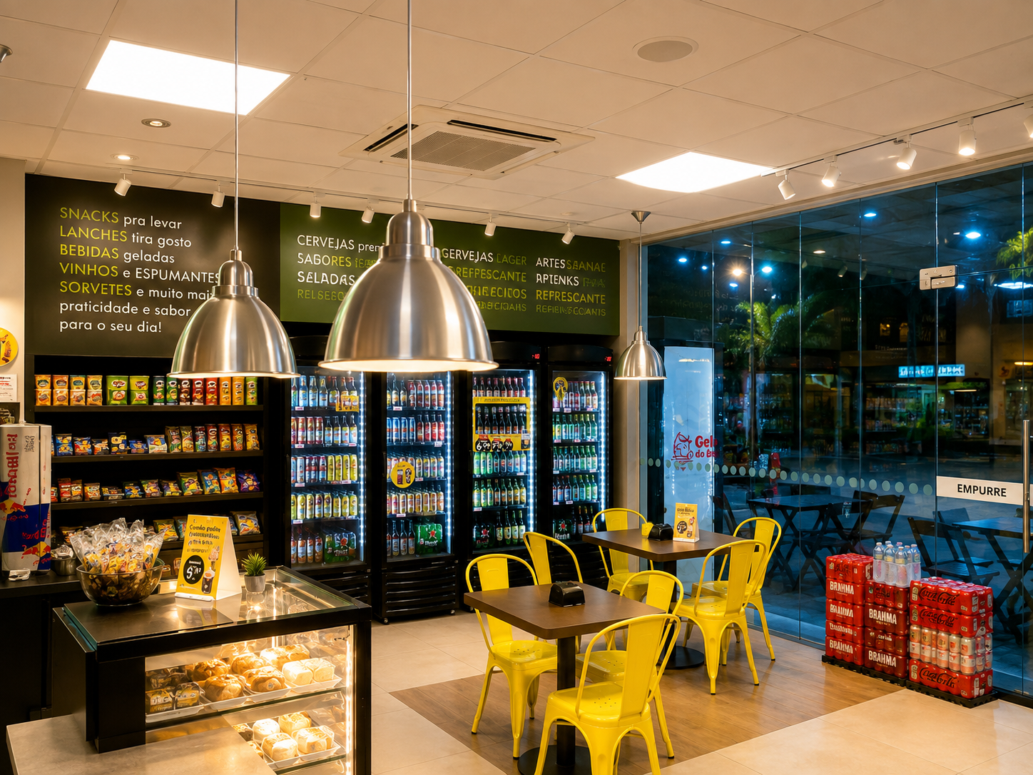 Interior da Conveniência Rede Viva com mesas, geladeiras de bebidas e prateleiras de snacks